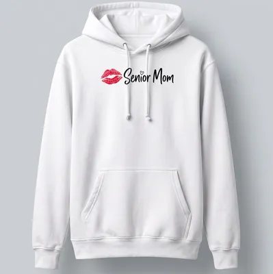 Modern script t-shirt with 'Senior Mom' text in red and black. — printed on a unisex hoodie