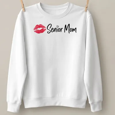 Modern script t-shirt with 'Senior Mom' text in red and black. — printed on a unisex sweatshirt