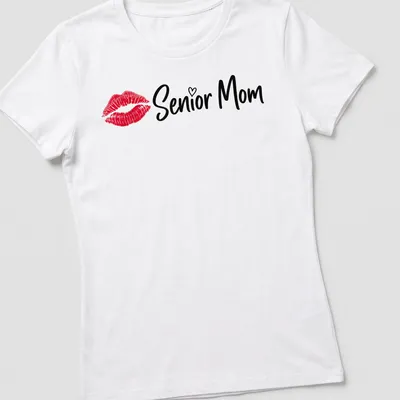 Modern script t-shirt with 'Senior Mom' text in red and black. — printed on a women's shirt