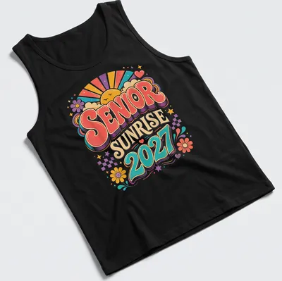 Vibrant retro Senior Sunrise 2027 graduation t-shirt with colorful sunrise graphic — printed on a tank top