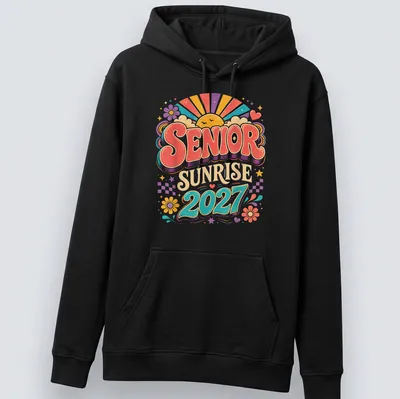 Vibrant retro Senior Sunrise 2027 graduation t-shirt with colorful sunrise graphic — printed on a unisex hoodie