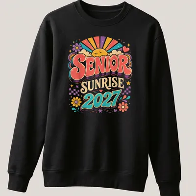 Vibrant retro Senior Sunrise 2027 graduation t-shirt with colorful sunrise graphic — printed on a unisex sweatshirt