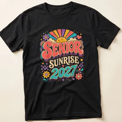 Vibrant retro Senior Sunrise 2027 graduation t-shirt with colorful sunrise graphic