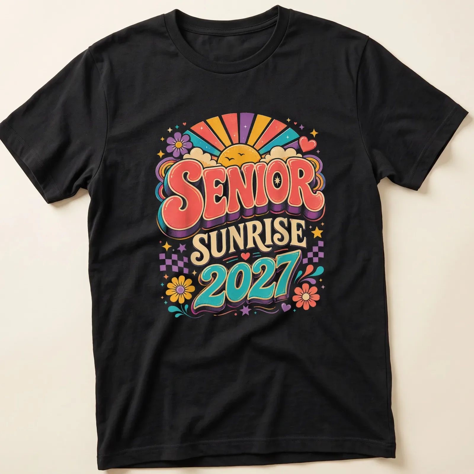Vibrant retro Senior Sunrise 2027 graduation t-shirt with colorful sunrise graphic — printed on a unisex t-shirt
