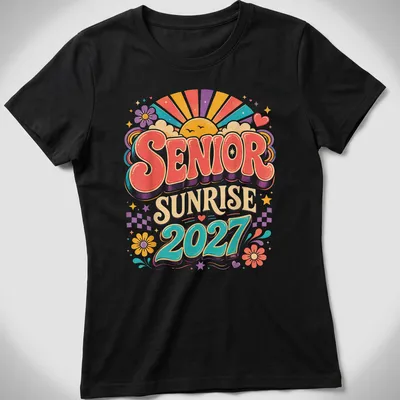 Vibrant retro Senior Sunrise 2027 graduation t-shirt with colorful sunrise graphic — printed on a women's shirt