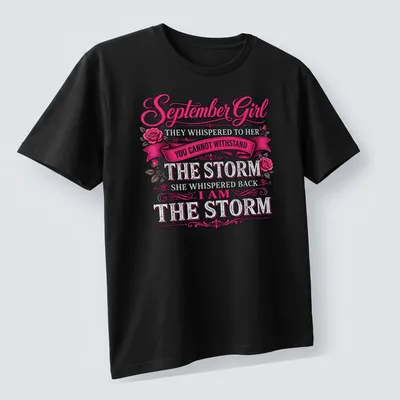 Vintage ornate design featuring empowering text for September girls — printed on a unisex t-shirt (angled view)