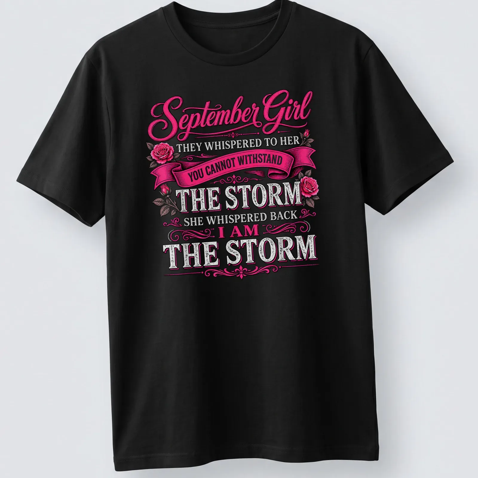 Vintage ornate design featuring empowering text for September girls — printed on a unisex t-shirt