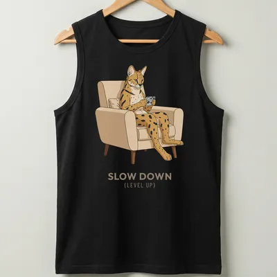 Retro graphic of a Serval cat playing a handheld console with the text Slow Down (Level Up) — printed on a tank top