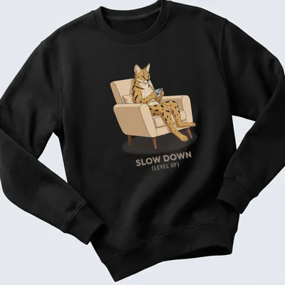 Retro graphic of a Serval cat playing a handheld console with the text Slow Down (Level Up) — printed on a unisex sweatshirt
