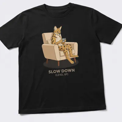 Retro graphic of a Serval cat playing a handheld console with the text Slow Down (Level Up)
