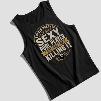 Bold vintage tee with humorous pool player design and text — printed on a tank top