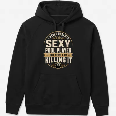 Bold vintage tee with humorous pool player design and text — printed on a unisex hoodie