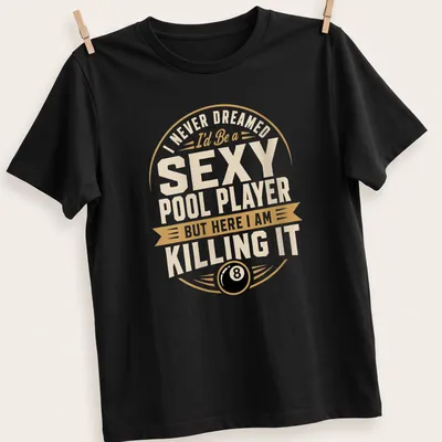 Bold vintage tee with humorous pool player design and text — printed on a unisex t-shirt