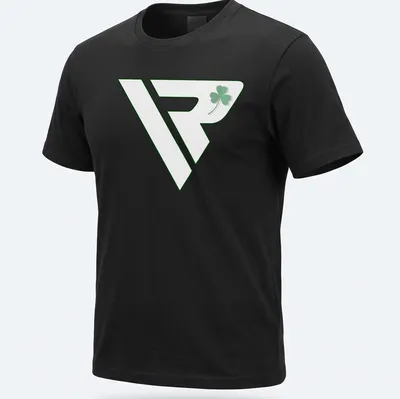 Modern minimalist shamrock logo in green and white on a T-shirt