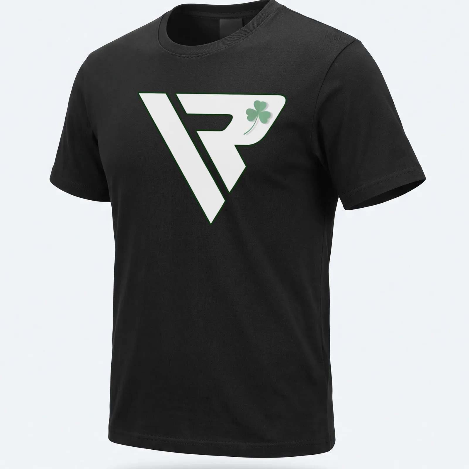 Modern minimalist shamrock logo in green and white on a — printed on a unisex t-shirt