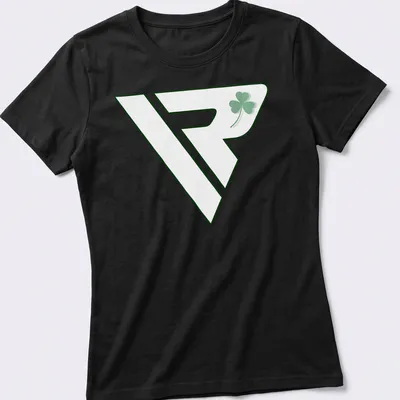 Modern minimalist shamrock logo in green and white on a — printed on a women's shirt