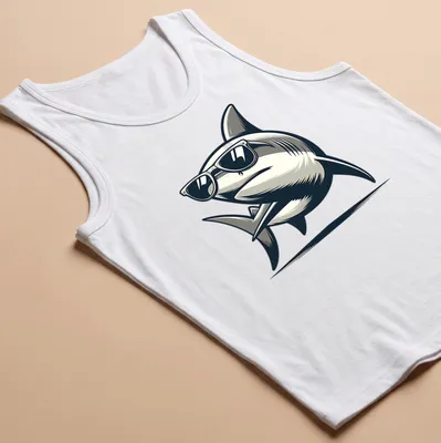 Cartoon shark with cool shades and humorous text in black and gray — printed on a tank top