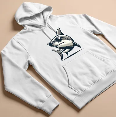 Cartoon shark with cool shades and humorous text in black and gray — printed on a unisex hoodie