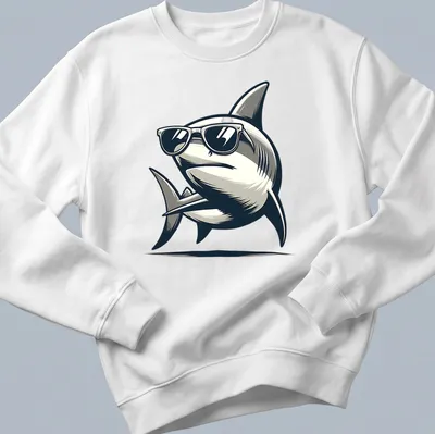 Cartoon shark with cool shades and humorous text in black and gray — printed on a unisex sweatshirt