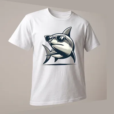 Cartoon shark with cool shades and humorous text in black and gray — printed on a unisex t-shirt (angled view)