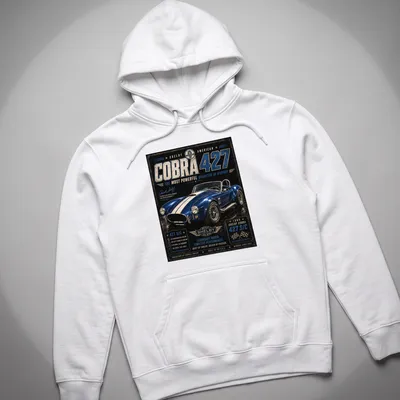 Vintage racing shirt featuring Shelby Cobra 427 and performance details — printed on a unisex hoodie