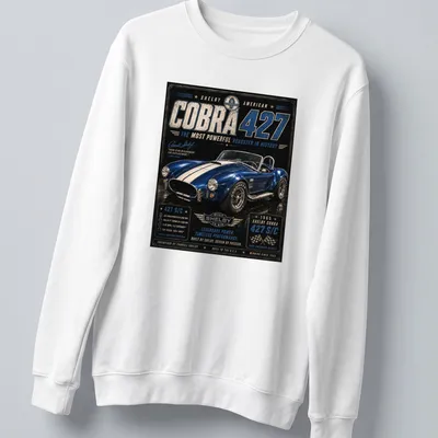 Vintage racing shirt featuring Shelby Cobra 427 and performance details — printed on a unisex sweatshirt