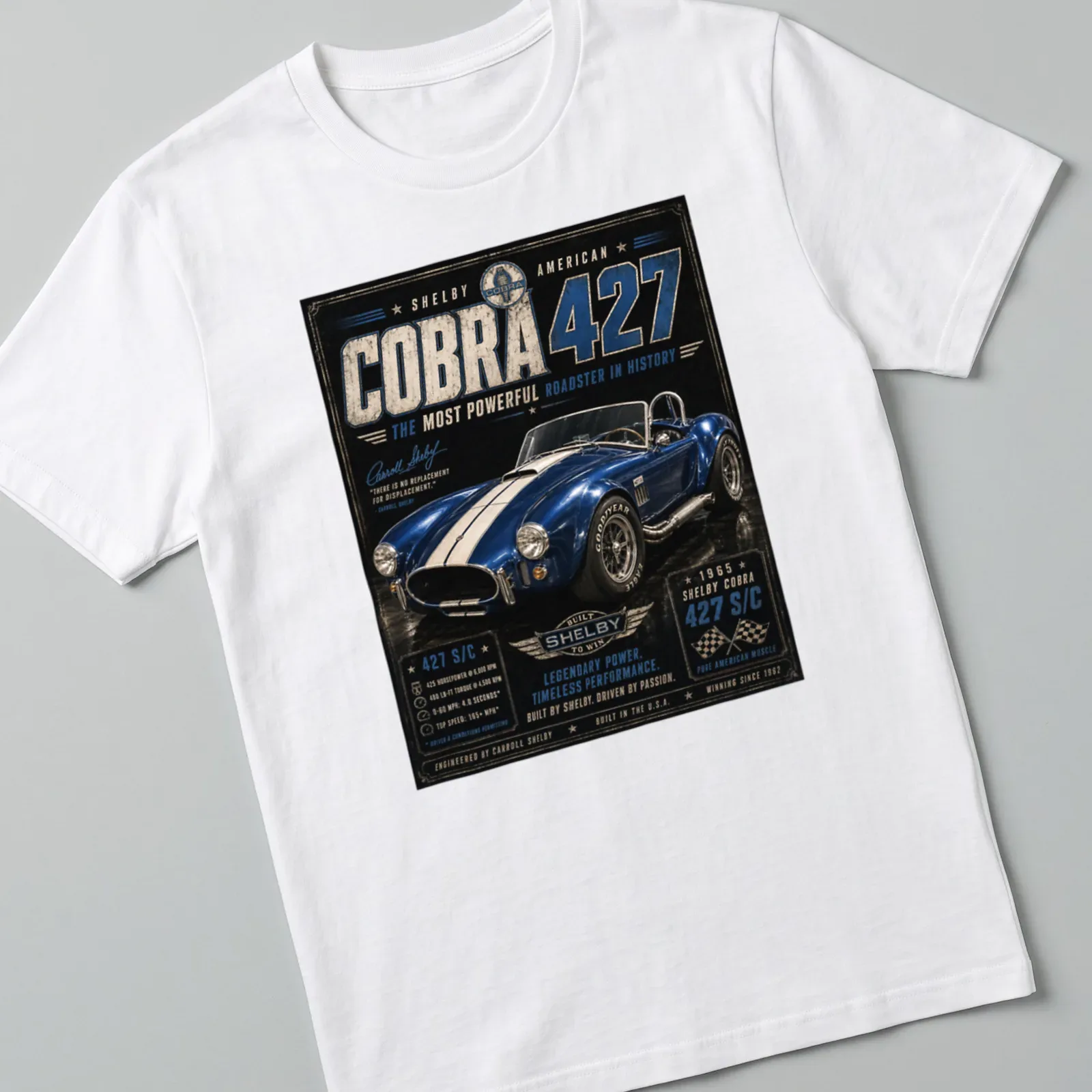 Vintage racing shirt featuring Shelby Cobra 427 and performance details — printed on a unisex t-shirt