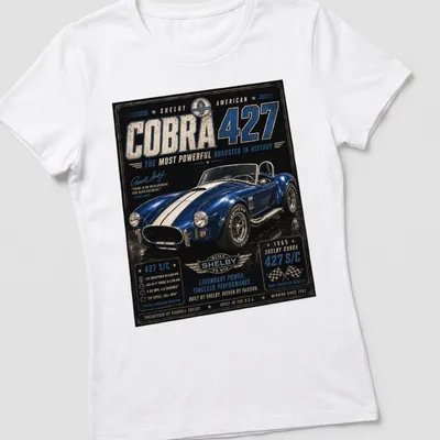 Vintage racing shirt featuring Shelby Cobra 427 and performance details — printed on a women's shirt