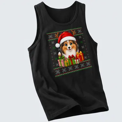 Cartoon Sheltie wearing a Santa hat with Christmas presents around it — printed on a tank top