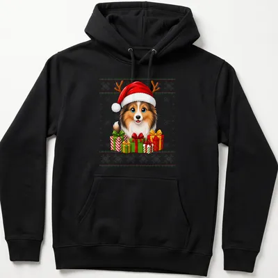 Cartoon Sheltie wearing a Santa hat with Christmas presents around it — printed on a unisex hoodie