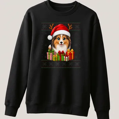 Cartoon Sheltie wearing a Santa hat with Christmas presents around it — printed on a unisex sweatshirt
