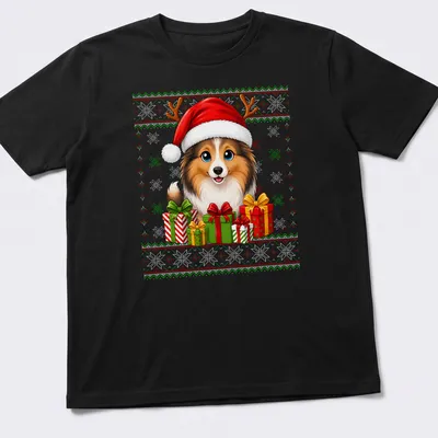 Cartoon Sheltie wearing a Santa hat with Christmas presents around it