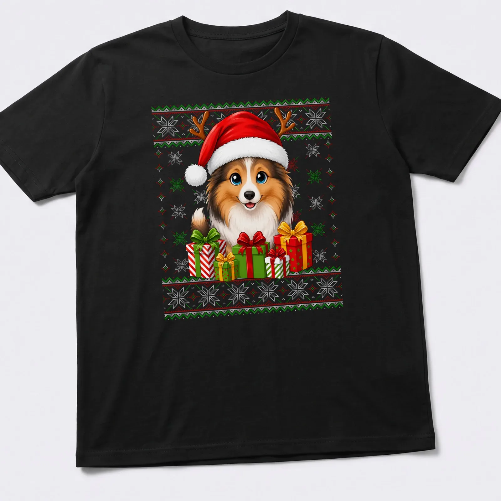 Cartoon Sheltie wearing a Santa hat with Christmas presents around it — printed on a unisex t-shirt