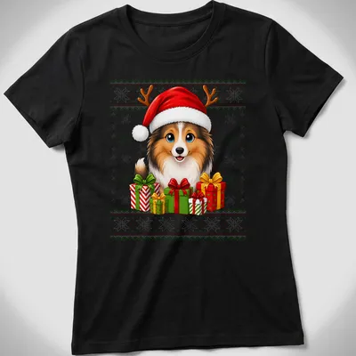 Cartoon Sheltie wearing a Santa hat with Christmas presents around it — printed on a women's shirt