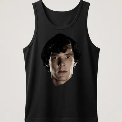 Realistic portrait of Sherlock Holmes in black and white with skin tone details — printed on a tank top
