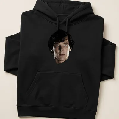 Realistic portrait of Sherlock Holmes in black and white with skin tone details — printed on a unisex hoodie