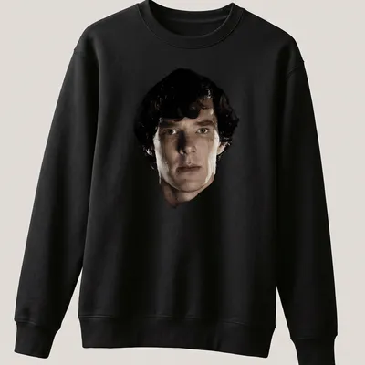 Realistic portrait of Sherlock Holmes in black and white with skin tone details — printed on a unisex sweatshirt