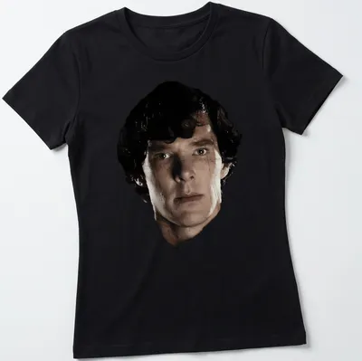 Realistic portrait of Sherlock Holmes in black and white with skin tone details — printed on a women's shirt