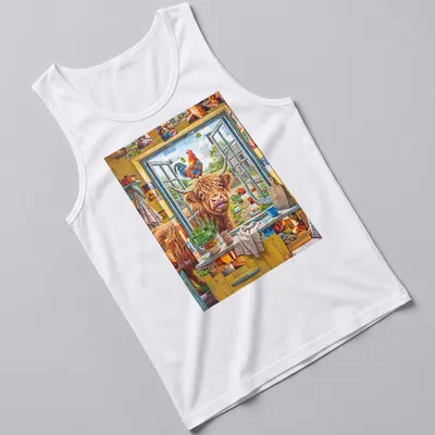 Playful pop art of a Shetland cow and rooster in vibrant colors — printed on a tank top