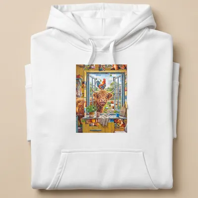 Playful pop art of a Shetland cow and rooster in vibrant colors — printed on a unisex hoodie
