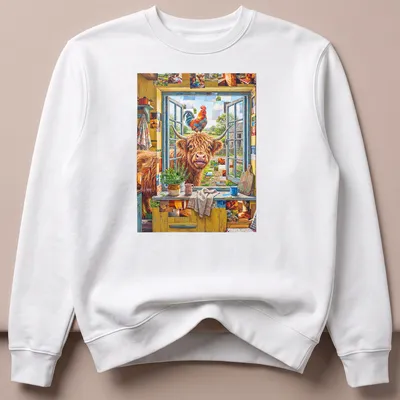 Playful pop art of a Shetland cow and rooster in vibrant colors — printed on a unisex sweatshirt