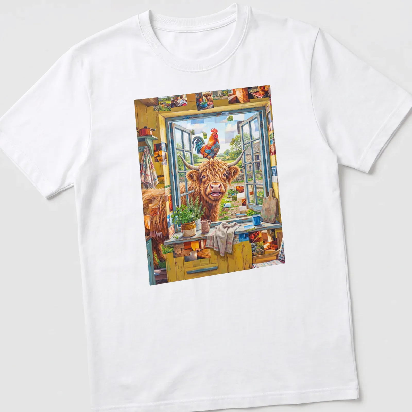 Playful pop art of a Shetland cow and rooster in vibrant colors — printed on a unisex t-shirt