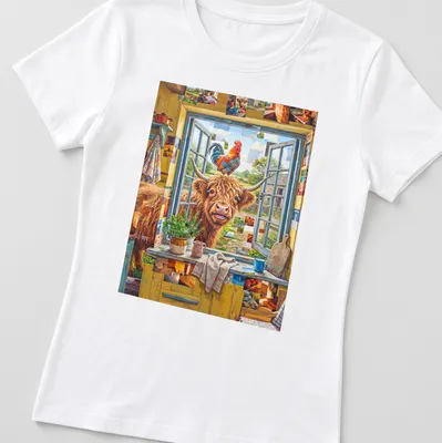 Playful pop art of a Shetland cow and rooster in vibrant colors — printed on a women's shirt