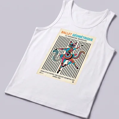 Siamese cat ballet dancer in geometric art style with vibrant colors — printed on a tank top