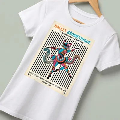 Siamese cat ballet dancer in geometric art style with vibrant colors — printed on a women's shirt