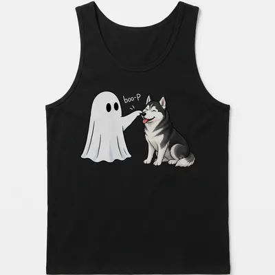 Cute cartoon Siberian Husky with a ghost nose and boo-P graphic for Halloween — printed on a tank top