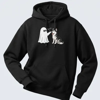 Cute cartoon Siberian Husky with a ghost nose and boo-P graphic for Halloween — printed on a unisex hoodie