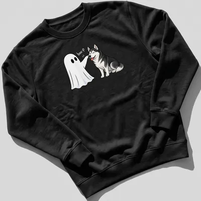 Cute cartoon Siberian Husky with a ghost nose and boo-P graphic for Halloween — printed on a unisex sweatshirt