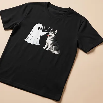 Cute cartoon Siberian Husky with a ghost nose and boo-P graphic for Halloween