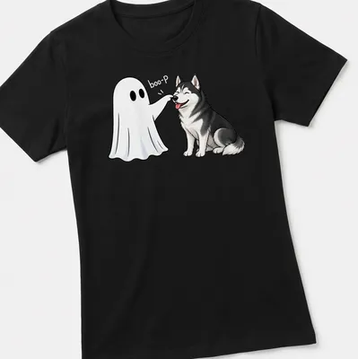 Cute cartoon Siberian Husky with a ghost nose and boo-P graphic for Halloween — printed on a women's shirt